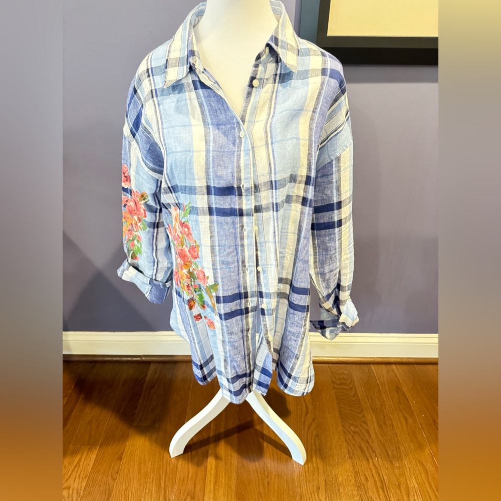 Ralph Lauren Blue Plaid Button-Up Shirt with Painted Floral Embroidery
